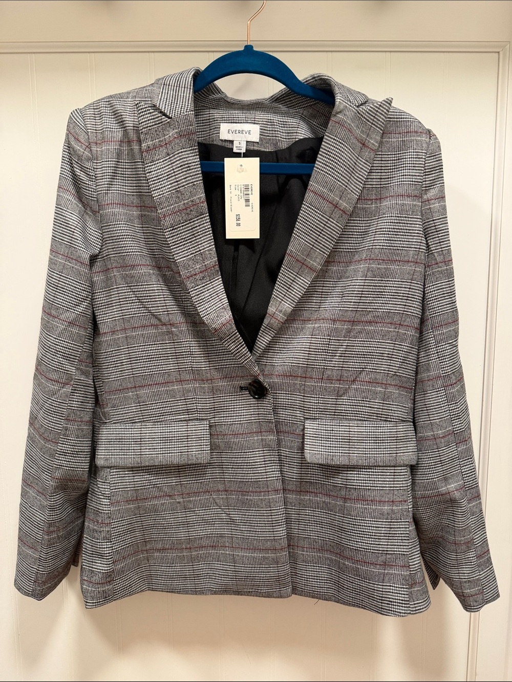 Evereve Gray Glen Plaid Single-Button Blazer with Subtle Red Windowpane